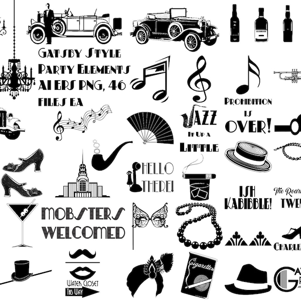 Gatsby Style Party Elements AI EPS Vector and Png, Roaring 20s, Gatsby Wedding, Flapper Elements, Mobster Clip Art, Not a SVG, Be Aware