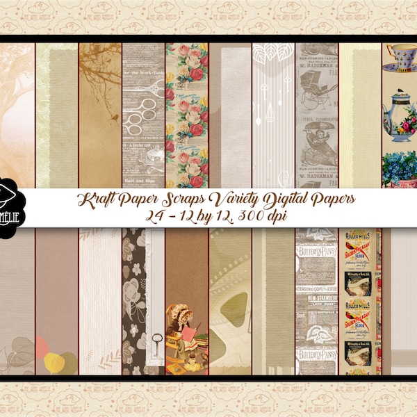 SALE 99 CENTS, Kraft Paper Scraps Digital Papers, 24 Digital Paper Remnants, Random Patterns/Old Scrapbook Paper, Stock Up on Papers, CU 0K