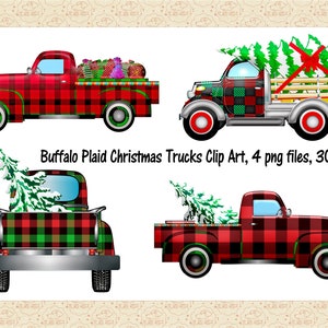 May include: Four digital clip art images of red and green buffalo plaid Christmas trucks. Each truck is decorated with a Christmas tree in the bed. The trucks are on a white background.