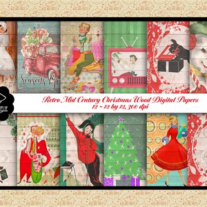 Papéis digitais de madeira modernos retrô de meados do século de Natal, cartão de Natal DIY, presentes em madeira, papel dos anos 1950, fundo dos anos 1960, comercial OK