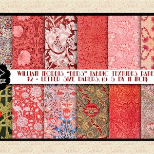 William Morris "Reds" Art Nouveau Pattern Papeles tamaño carta, Estilo Arts & Crafts, Diseños Art Nouveau, Diseños originales NO repetidos