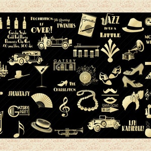 Gold Foil Gatsby Style Party Elements Clip Art, PNG Elements, Roaring 20s, Gatsby Wedding, Flapper Elements, Mobster Clip Art, Signmaking