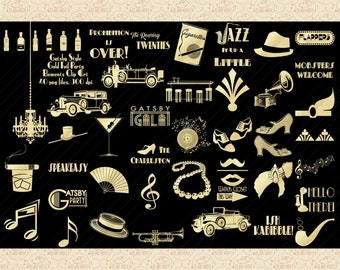 Gold Foil Gatsby Style Party Elements Clip Art, Elementos PNG, Roaring 20s, Boda Gatsby, Elementos Flapper, Mobster Clip Art, Creación de letreros