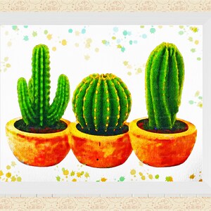 May include: Three potted cacti in orange pots against a white background with watercolor splatters. The cacti are green and have different shapes and sizes.