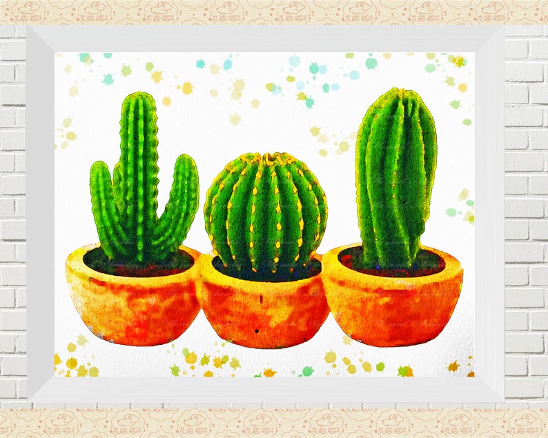 May include: Three potted cacti in orange pots against a white background with watercolor splatters. The cacti are green and have different shapes and sizes.