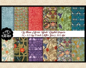 May include: A selection of William Morris "Birds" digital papers. The papers showcase diverse patterns with birds, flowers, and foliage in blue, red, green, and purple hues. Each paper measures 21.59 cm by 27.94 cm.