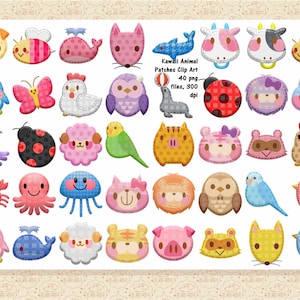 Op de afbeelding: Een set van 40 kleurrijke kawaii dieren clip art patches. De patches bevatten een verscheidenheid aan dieren, waaronder een pinguïn, een vlinder, een kip, een uil, een zeehond, een lieveheersbeestje, een kat, een tijger, een wasbeer, een kip, een krab, een octopus, een kwal, een leeuw, een uil, een vogel, een varken, een wasbeer, een vos en een vogel. De patches zijn perfect om een vleugje whimsy toe te voegen aan elk project.