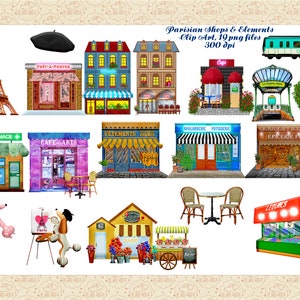 Tiendas y elementos parisinos Clip Art (algunas acuarelas) Tiendas de París, Torre Eiffel, Puesto de frutas, Caniches, Boina, Metro, Rue Cler, Café, Árbol