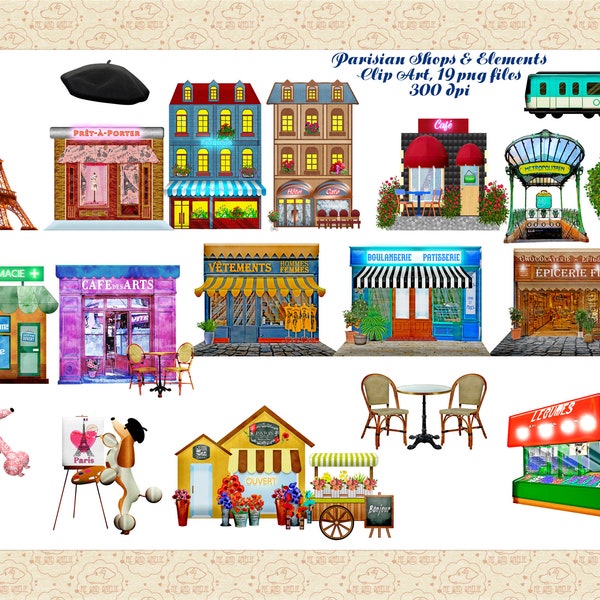 Parisian Shops & Elements Clip Art (Some Watercolor) Paris Shops, Eiffel Tower, Fruit Stand, Poodles, Beret, Mètro, Rue Cler, Café, Tree