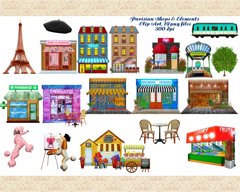 May include: A set of 19 digital clip art images featuring Parisian shops and elements. The images include a variety of shops, such as a bakery, a cafe, a clothing store, a pharmacy, and a grocery store. There are also images of a Parisian street scene, a cafe table and chairs, a poodle, a train, and a flower cart.