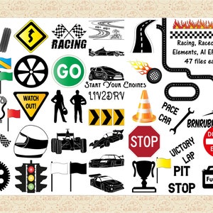 Pode incluir: Um conjunto de 47 imagens clipart em preto e branco com tema de corrida. As imagens incluem carros de corrida, bandeiras xadrez, um posto de gasolina, um sinal de parada, um troféu, uma chave inglesa, um pneu, um capacete, um semáforo e muito mais. O texto "Racing, Racecars & Elements, AI EPS PNG, 47 files each." está incluído na imagem.