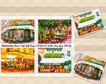 Etiquetas de regalo con diseño de cafetería parisina en acuarela - Cafetería francesa imprimible (Descarga digital)