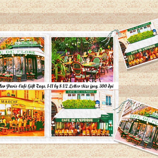 SALE 99 CENTS, Watercolor Paris Café Gift Tags Collage Sheet, Gift Card Making, Thank You Cards, Bistrots, Sidewalk Café, Commercial OK