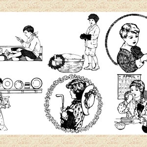 Op de afbeelding: Zwart-wit illustraties van mensen in verschillende sc&egrave;nes. E&eacute;n illustratie toont een persoon die op een bank zit, een andere toont een persoon die een kopje vasthoudt en een andere toont een persoon die een kalender vasthoudt.