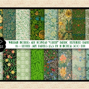 William Morris "Greens" Art Nouveau Pattern Papeles tamaño carta, Estilo Arts & Crafts, Diseños Art Nouveau, Diseños originales NO repetidos