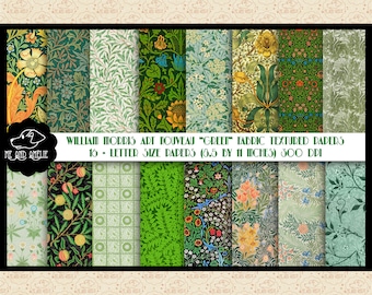 May include: 16 digital papers featuring William Morris Art Nouveau designs in green, with a fabric texture. Each paper is 8.5 inches by 11 inches and 300 DPI.