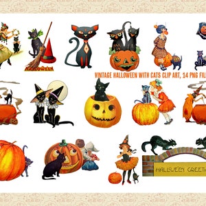 Halloween Vintage Clip Art with Cats, Retro Halloween, Black Cat Clip Art, Mid Century Modern, Atomic Age, Pumpkin ClipArt, Commercial OK