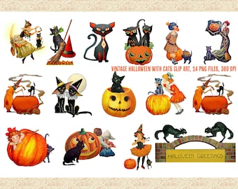 May include: Vintage Halloween clip art featuring black cats, pumpkins, witches, and children. The set includes 14 PNG files, each with a 300 DPI resolution. The text "HALLOWEEN" and "HALLOWEEN GREETINGS" are also included.