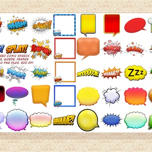 Superhjälte serietidning pratbubblor clipart, ord och ramar, 40 PNG-filer digital nedladdning