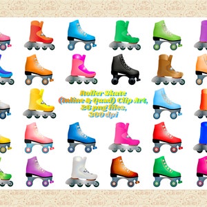 May include: A set of 26 colorful roller skate clip art images. The skates are in various colors, including blue, green, red, yellow, orange, pink, purple, and white. The skates are all in the same pose, with the wheels facing forward. The images are 300 dpi.