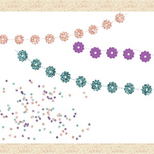 May include: Three garlands of paper flowers, one in pink, one in purple, and one in teal, with scattered confetti in pink, purple, and teal.