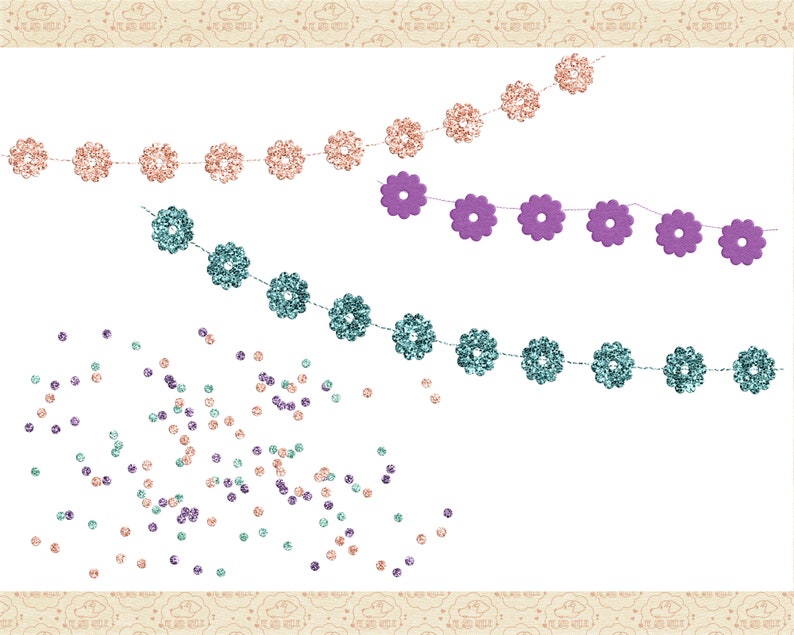 May include: Three garlands of paper flowers, one in pink, one in purple, and one in teal, with scattered confetti in pink, purple, and teal.