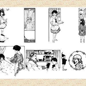 Op de afbeelding: Zwart-wit illustraties van verschillende sc&egrave;nes met kinderen. E&eacute;n sc&egrave;ne toont een meisje dat vogels voert, een andere toont een meisje in bad, een andere toont een meisje dat een bord draagt, een andere toont een meisje dat naar een plank kijkt, een andere toont een meisje in bed, een andere toont een man die een boek leest, een andere toont een jongen die een boek leest en een andere toont het gezicht van een meisje in een lijst.