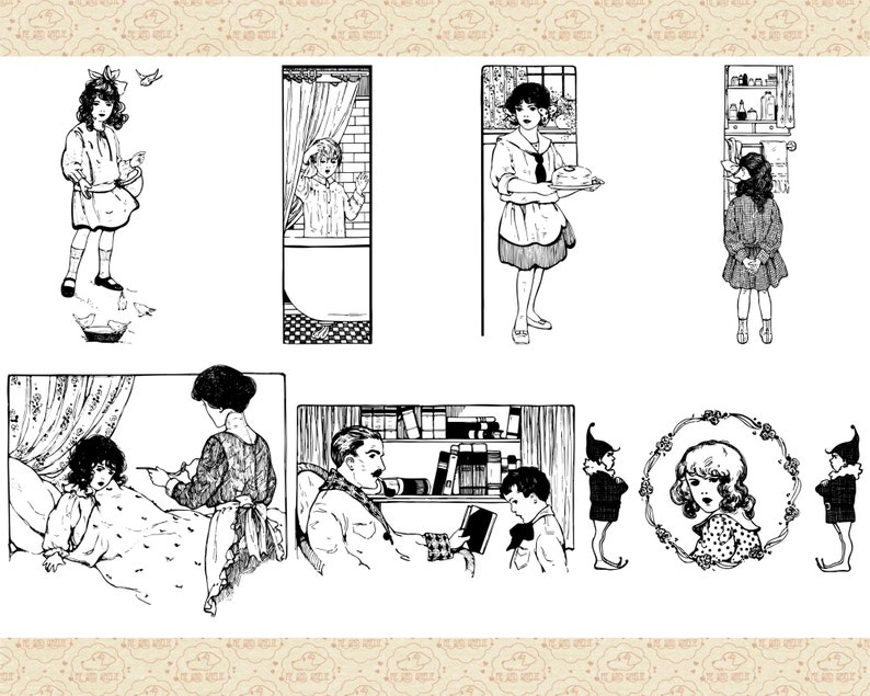 Op de afbeelding: Zwart-wit illustraties van verschillende sc&egrave;nes met kinderen. E&eacute;n sc&egrave;ne toont een meisje dat vogels voert, een andere toont een meisje in bad, een andere toont een meisje dat een bord draagt, een andere toont een meisje dat naar een plank kijkt, een andere toont een meisje in bed, een andere toont een man die een boek leest, een andere toont een jongen die een boek leest en een andere toont het gezicht van een meisje in een lijst.