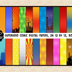 Superheld Halbton Comic Digitales Papier MEGAPACK, 26 Papiere insgesamt, Starburst, Comic Held Hintergrund, Stadt Skyline, Comic Buch, Kommerzielles OK