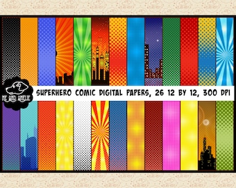 Digitalt papper för superhjälte-halvtonserier, MEGAPACK, totalt 26 papper, Starburst, bakgrund för serietidningshjälte, stadssilhuett, serietidning, reklam OK