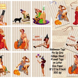 Folha de colagem de etiquetas de presente para meninas Pin Up de Halloween, década de 1950, confecção de cartão de presente, 9 etiquetas em papel tamanho carta, impressão e corte, diários indesejados, comercial OK