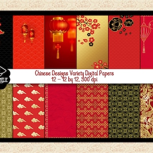 Papeles digitales con diseños chinos variados, fondo chino rojo y dorado, Año Nuevo lunar, linternas chinas, patrones de nubes chinas, lámina dorada
