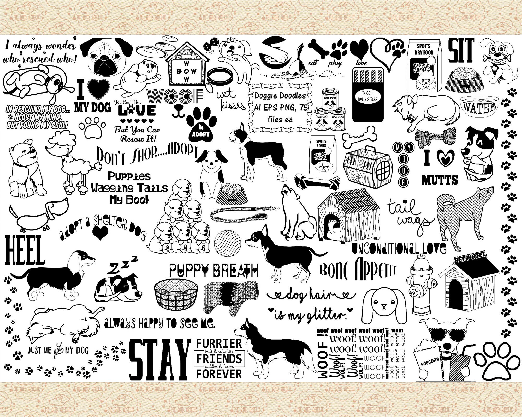 Doggie Doodles Megapack AI EPS (not SVG) and Png, Dog Clip