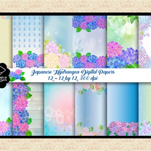 Papéis digitais variados de hortênsias, florais e chuva, flores em fundo de madeira, papéis de borda floral, papéis japoneses, comercial OK