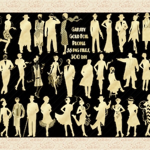 Gold Foil Gatsby Style Flappers, Mobster and Gangster Clipart, PNG Elements, Roaring 20s, Gatsby Wedding, Flapper Elements, Mobster Clip Art