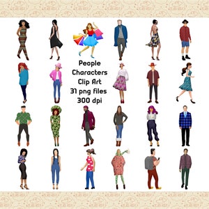 Imágenes prediseñadas de personajes de personas, mujeres, hombres, caminar, trotar, hacer yoga, hacer mochilerismo, vaqueros, personas de etnias, niños, niñas, mujeres con vestidos, negocios