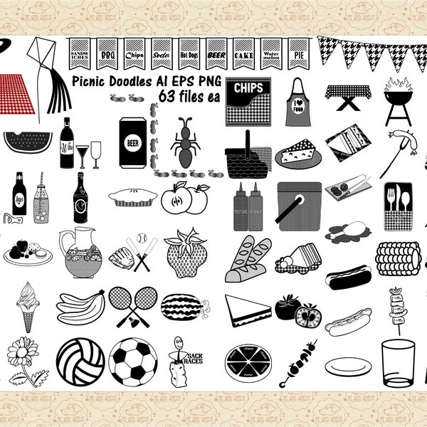 Picnic & Bar Be Que Vector AI (Not SVG) and PnG, Outdoor Picnic, Games, Food, Picnic Basket, BBQ, Sandwiches, Chips, Beer, Ants, Tablecloth