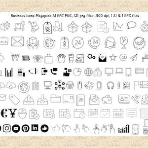 Könnte beinhalten: Ein Satz von 121 schwarzen und weißen Business-Icons in einem Rasterformat. Die Icons stellen verschiedene Geschäftskonzepte dar, darunter Kommunikation, Finanzen, Technologie und mehr.
