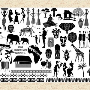 African Silhouettes/Elements AI JPEG (No SvG) PNG African Animals, Trees, Women, Drums, Huts, Hunter, Borders, Tribal Boho, Commercial 0K