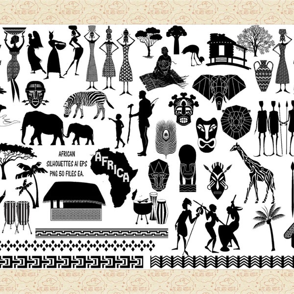 Silhouettes/Éléments Africains AI JPEG (No SvG) PNG Animaux africains, Arbres, Femmes, Tambours, Cabanes, Chasseur, Frontières, Boho Tribal, Commercial 0K