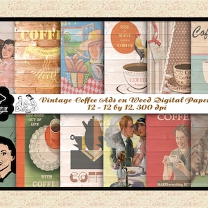 VENTE 99 CENTS, Café rétro sur papiers numériques en bois, Ferme, Papier de bois rustique, Mid Century Modern Ads, Affiches de café, Commercial OK