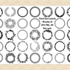 Puede incluir: Un conjunto de 34 diseños de coronas florales en blanco y negro. Las coronas son de varios estilos, incluyendo coronas de laurel simples, coronas florales adornadas y coronas geométricas. El texto "Floral Deco Laurels Wreaths AI EPS PNG, 34 files each." se muestra en el centro de la imagen.