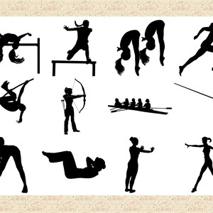 Pu&ograve; includere: Silhouettes di persone che praticano vari sport, tra cui salto in alto, tiro con l'arco, canottaggio, salto con l'asta, ginnastica, corsa e yoga.