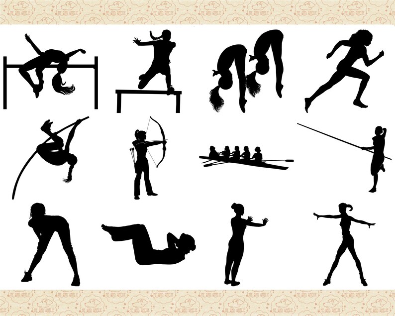 Pu&ograve; includere: Silhouettes di persone che praticano vari sport, tra cui salto in alto, tiro con l'arco, canottaggio, salto con l'asta, ginnastica, corsa e yoga.