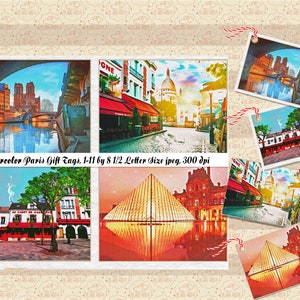 VENTA 99 CENTAVOS, Hoja de collage de etiquetas de regalo con vistas de París en acuarela, Elaboración de tarjetas de regalo, Tarjetas de agradecimiento, Louvre, Notre Dame, Comercial OK