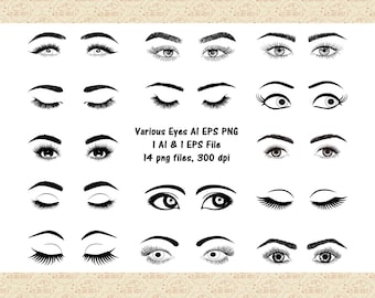 Eyelash Eyes SVG Bundle, Various Eyes ai eps png, Lashes and Brows Clipart, Digital Download