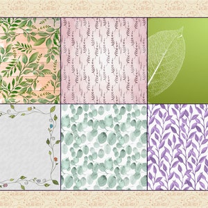 May include: A digital collage of six different watercolour patterns featuring various leafy designs. The patterns include green leaves on a woodgrain background, purple leaves on a white background, green leaves on a white background, a single white leaf on a green background, and two different patterns of purple leaves on a white background.