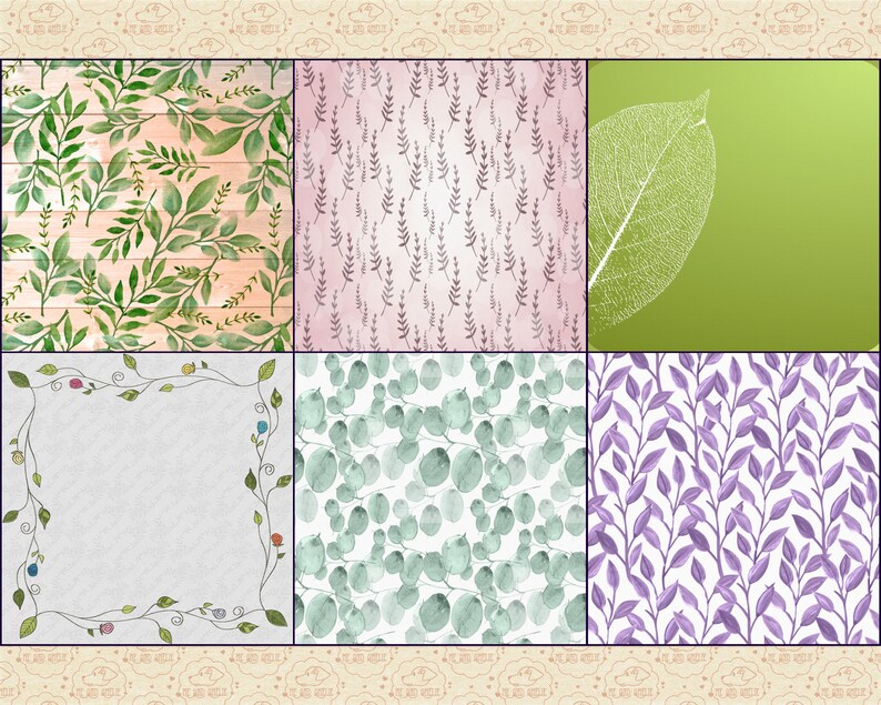 May include: A digital collage of six different watercolour patterns featuring various leafy designs. The patterns include green leaves on a woodgrain background, purple leaves on a white background, green leaves on a white background, a single white leaf on a green background, and two different patterns of purple leaves on a white background.