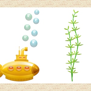 Op de afbeelding: Een gele onderzee&euml;r met een periscoop en drie ronde ramen blaast blauwe bellen uit. Rechts in de afbeelding staat een groene plant met lange stengels.
