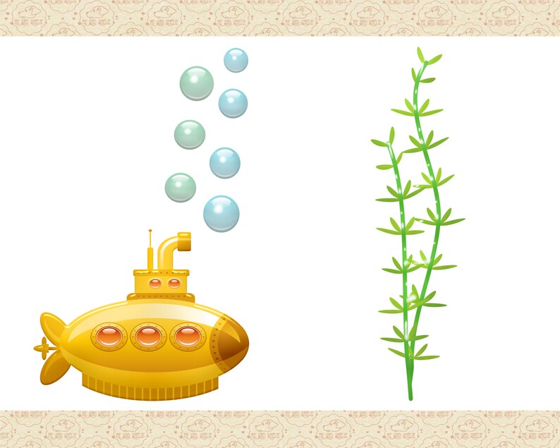 Op de afbeelding: Een gele onderzee&euml;r met een periscoop en drie ronde ramen blaast blauwe bellen uit. Rechts in de afbeelding staat een groene plant met lange stengels.